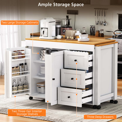 74.8" Kitchen Island with Extendable Dining Table, 3 Drawers, Power Outlet, Spice Rack and 2-Door Cabinet on Wheels, White