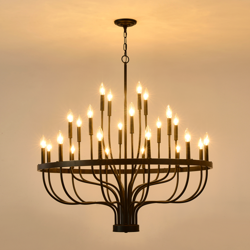 24-Light Industrial Farmhouse Chandelier - Matte Black, 39-Inch, Adjustable Height, E12, Bulbs Not Included