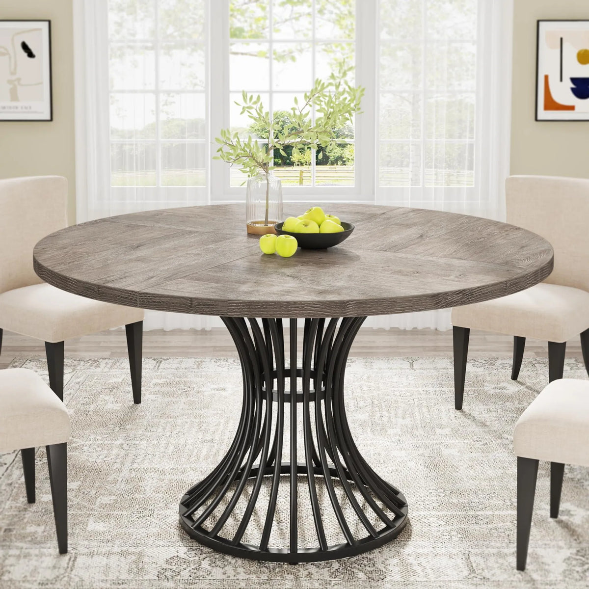 Round Dining Table for 4-6, 46.85" Industrial Kitchen Table with Wood Grain Top and Metal Base, Grey