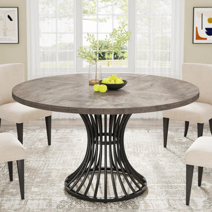 Round Dining Table for 4-6, 46.85" Industrial Kitchen Table with Wood Grain Top and Metal Base, Grey