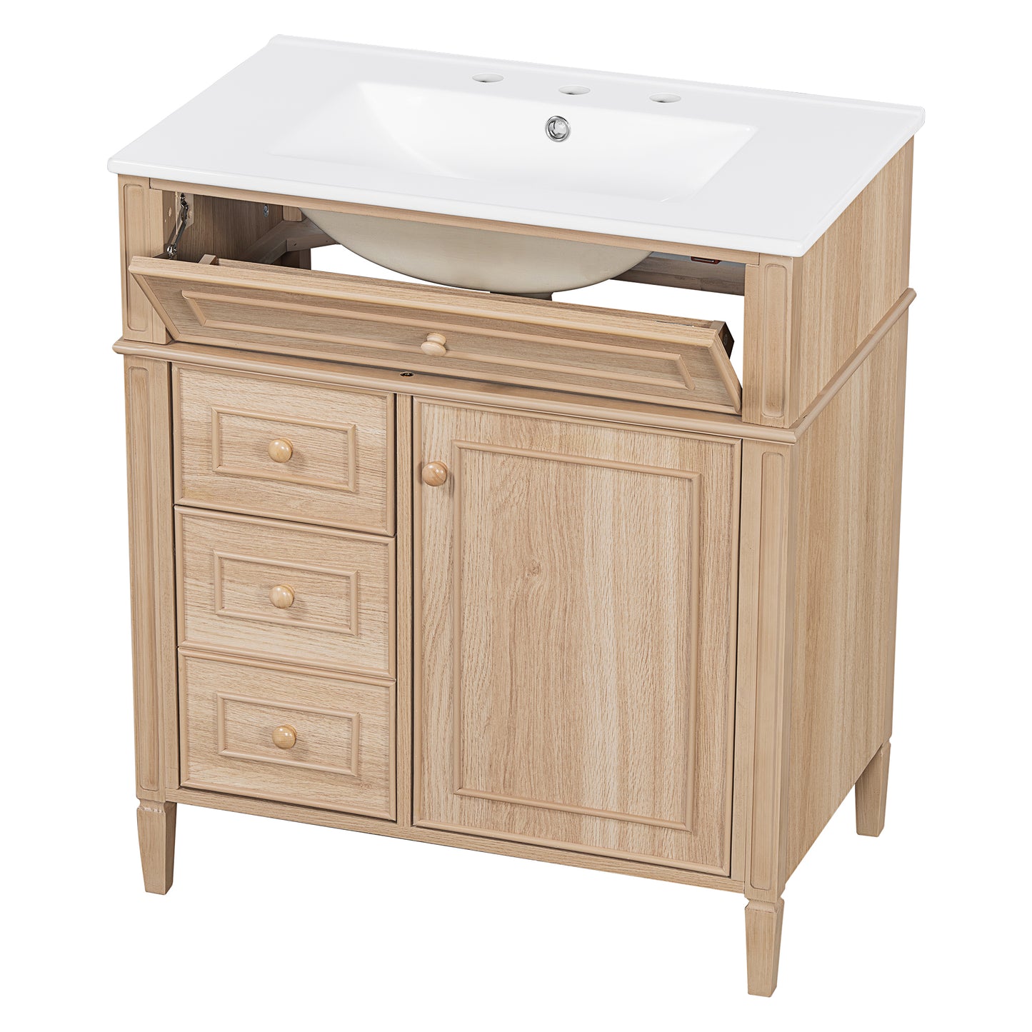 30" Bathroom Vanity with Sink - Light Oak, Solid Wood & MDF, Soft-Close Drawers & Door