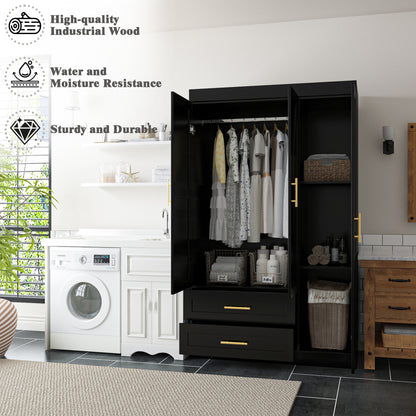 Shaker Style Classic Three-Door Wardrobe, Wood Bedroom Armoire With Hanging Rod And Shelves, Spacious Storage Closet, Modern Farmhouse Design, Black