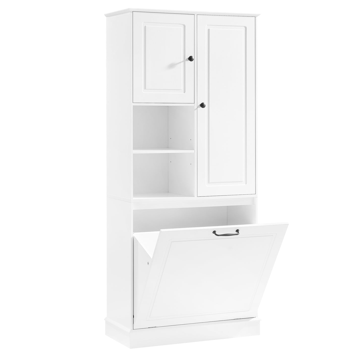 Tall Storage Cabinet With Adjustable Shelves, Large Flip-Out Basket & Enclosed Cabinets  Perfect For Bathroom, Living Room, Or Office, MDF Material With Aluminum Alloy Handles