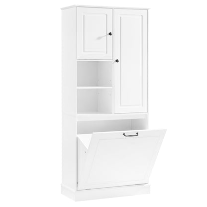 Tall Storage Cabinet With Adjustable Shelves, Large Flip-Out Basket & Enclosed Cabinets  Perfect For Bathroom, Living Room, Or Office, MDF Material With Aluminum Alloy Handles