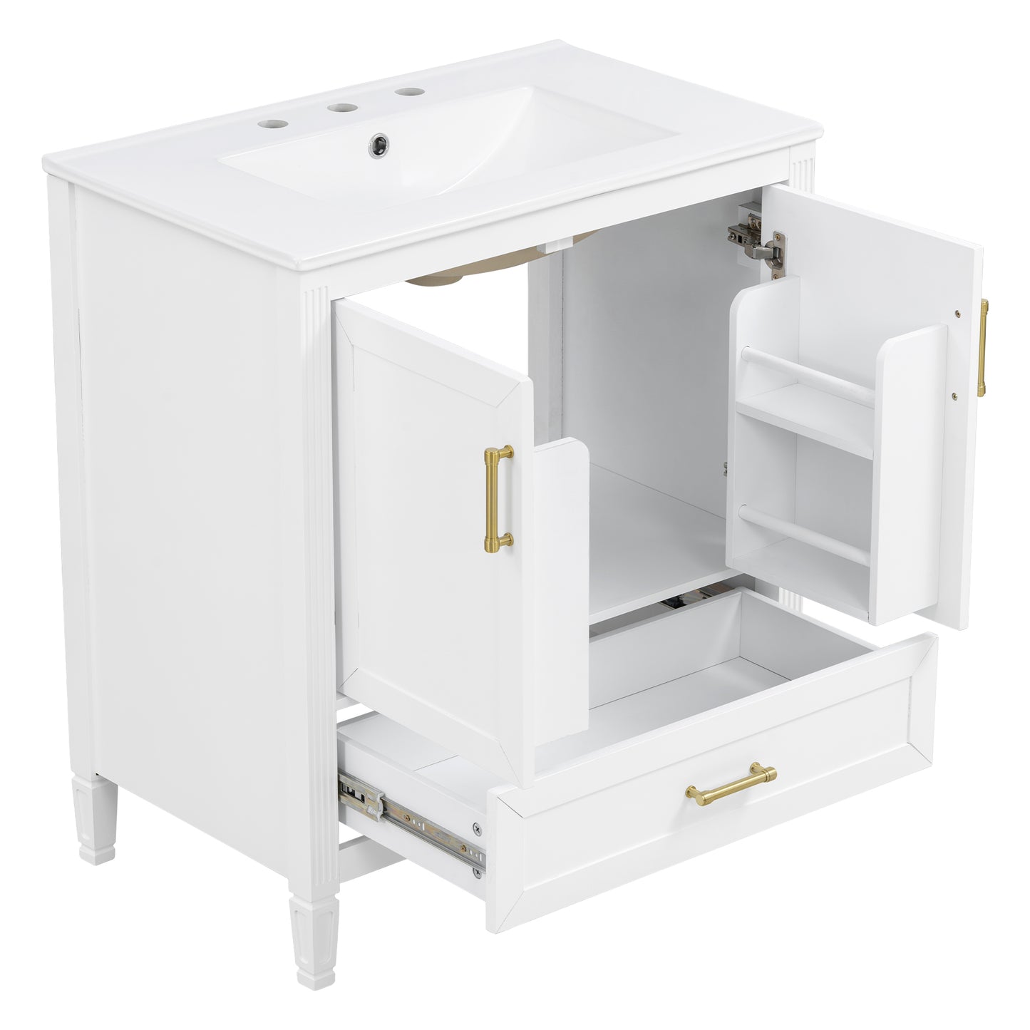 Elegant Fluted Bathroom Vanity With Ceramic Sink, Single Box Shipping, Solid Wood Legs, Soft-Close Doors & Drawer, Door Shelf, White