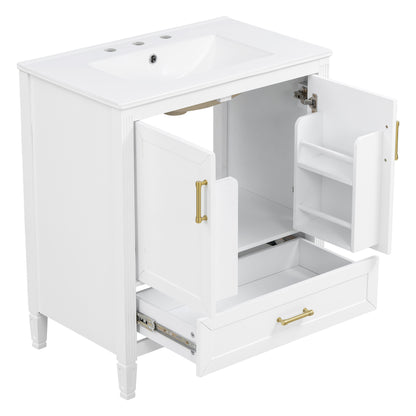 Elegant Fluted Bathroom Vanity With Ceramic Sink, Single Box Shipping, Solid Wood Legs, Soft-Close Doors & Drawer, Door Shelf, White