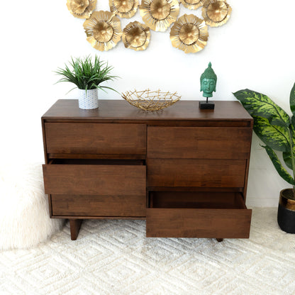 Mid-Century Modern Walnut Dresser with 6 Drawers - Solid Wood Bedroom Chest, Brown Wood