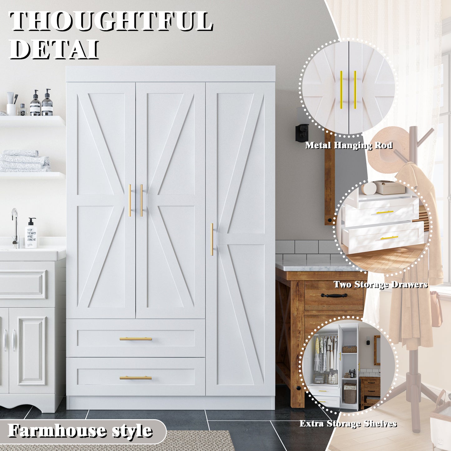 Shaker Style Classic Three-Door Wardrobe, Wood Bedroom Armoire With Hanging Rod And Shelves, Spacious Storage Closet, Modern Farmhouse Design, White