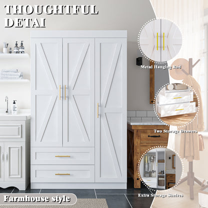Shaker Style Classic Three-Door Wardrobe, Wood Bedroom Armoire With Hanging Rod And Shelves, Spacious Storage Closet, Modern Farmhouse Design, White