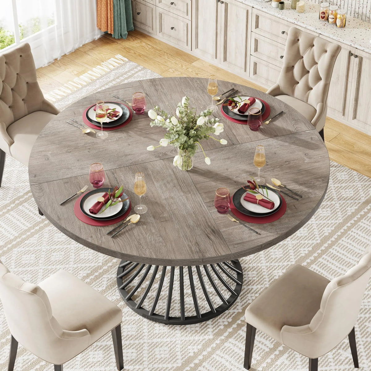 Round Dining Table for 4-6, 46.85" Industrial Kitchen Table with Wood Grain Top and Metal Base, Grey