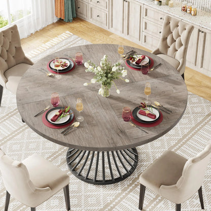Round Dining Table for 4-6, 46.85" Industrial Kitchen Table with Wood Grain Top and Metal Base, Grey
