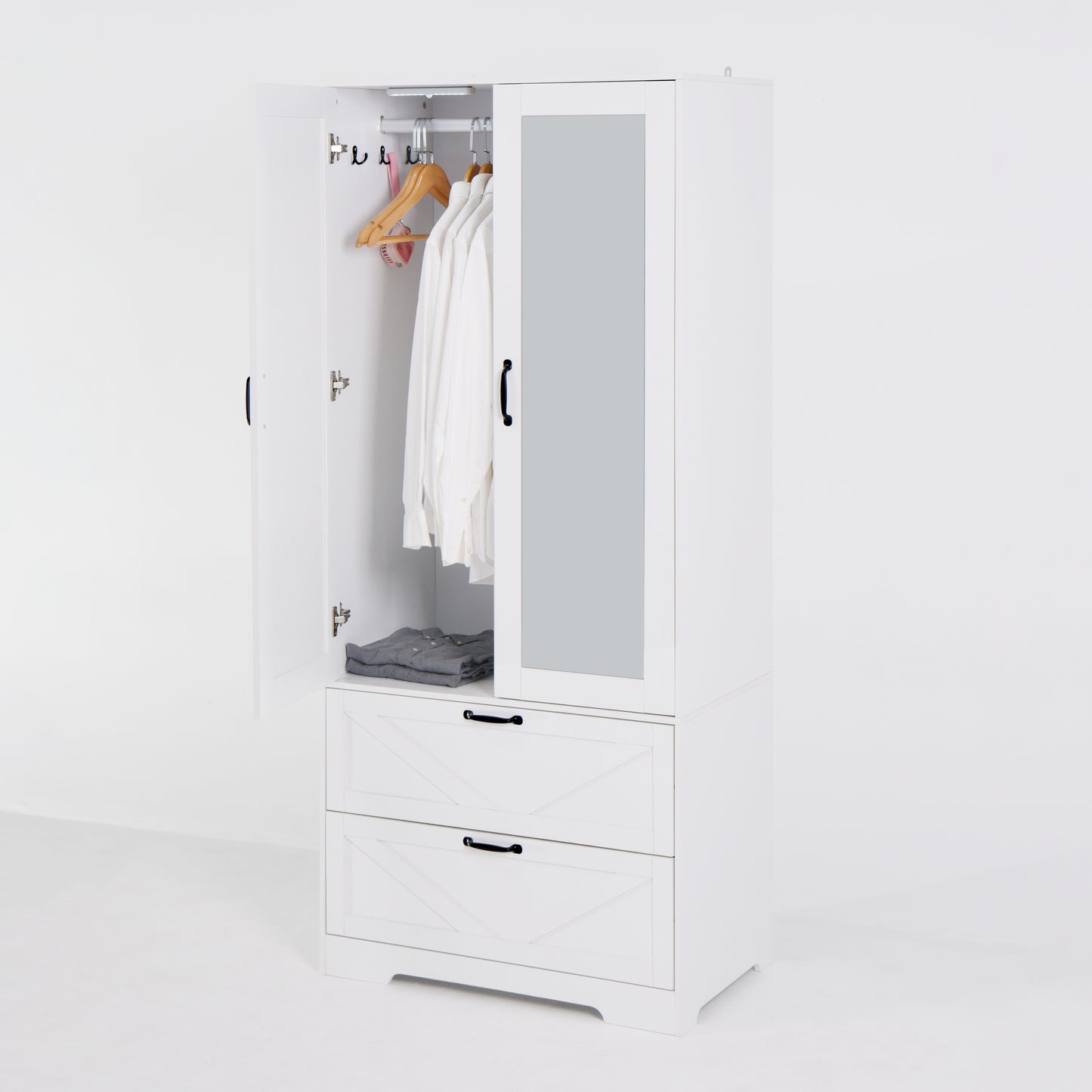 Wood Wardrobe Closet with 2 Doors, Mirror, Induction Light & 2 Drawers - 71" Bedroom Cabinet, White