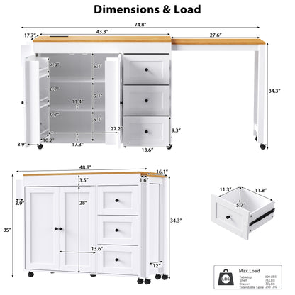 74.8" Kitchen Island with Extendable Dining Table, 3 Drawers, Power Outlet, Spice Rack and 2-Door Cabinet on Wheels, White