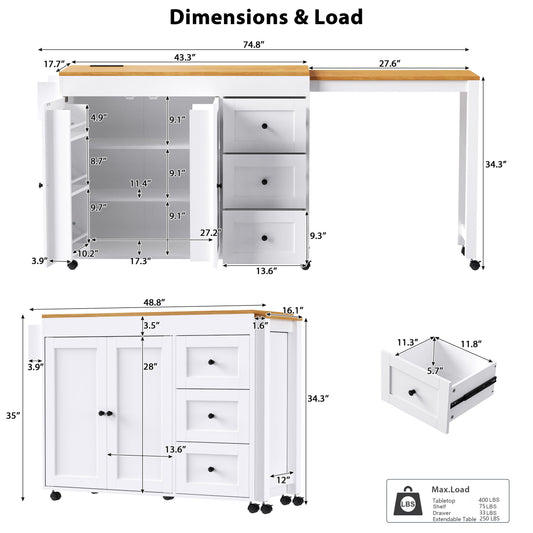74.8" Kitchen Island with Extendable Dining Table, 3 Drawers, Power Outlet, Spice Rack and 2-Door Cabinet on Wheels, White