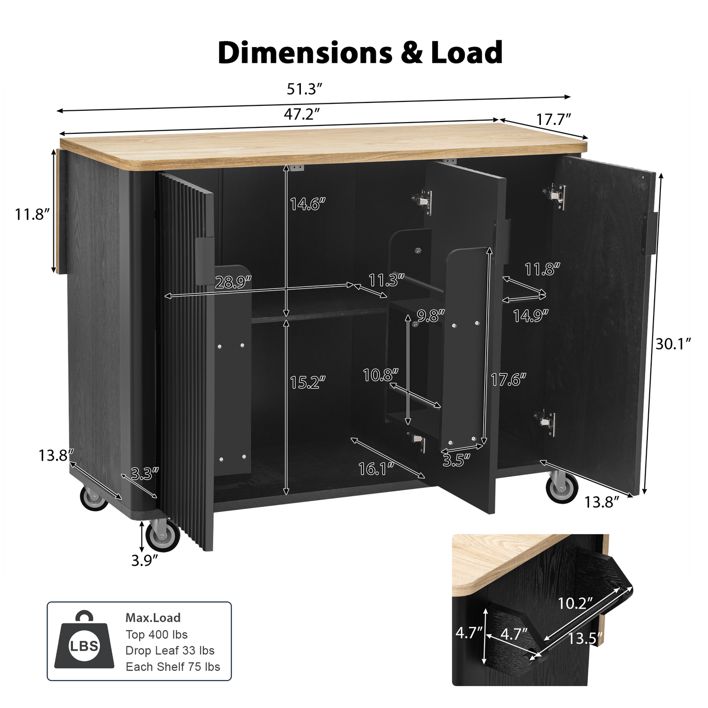 51" Fluted Kitchen Island with Drop Leaf, Rolling Kitchen Cart with Internal Storage Rack and Towel Rack, Black