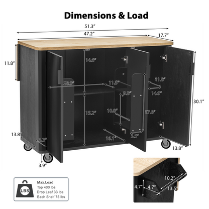 51" Fluted Kitchen Island with Drop Leaf, Rolling Kitchen Cart with Internal Storage Rack and Towel Rack, Black