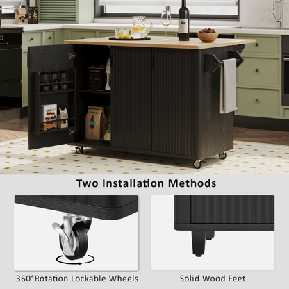 51" Fluted Kitchen Island with Drop Leaf, Rolling Kitchen Cart with Internal Storage Rack and Towel Rack, Black