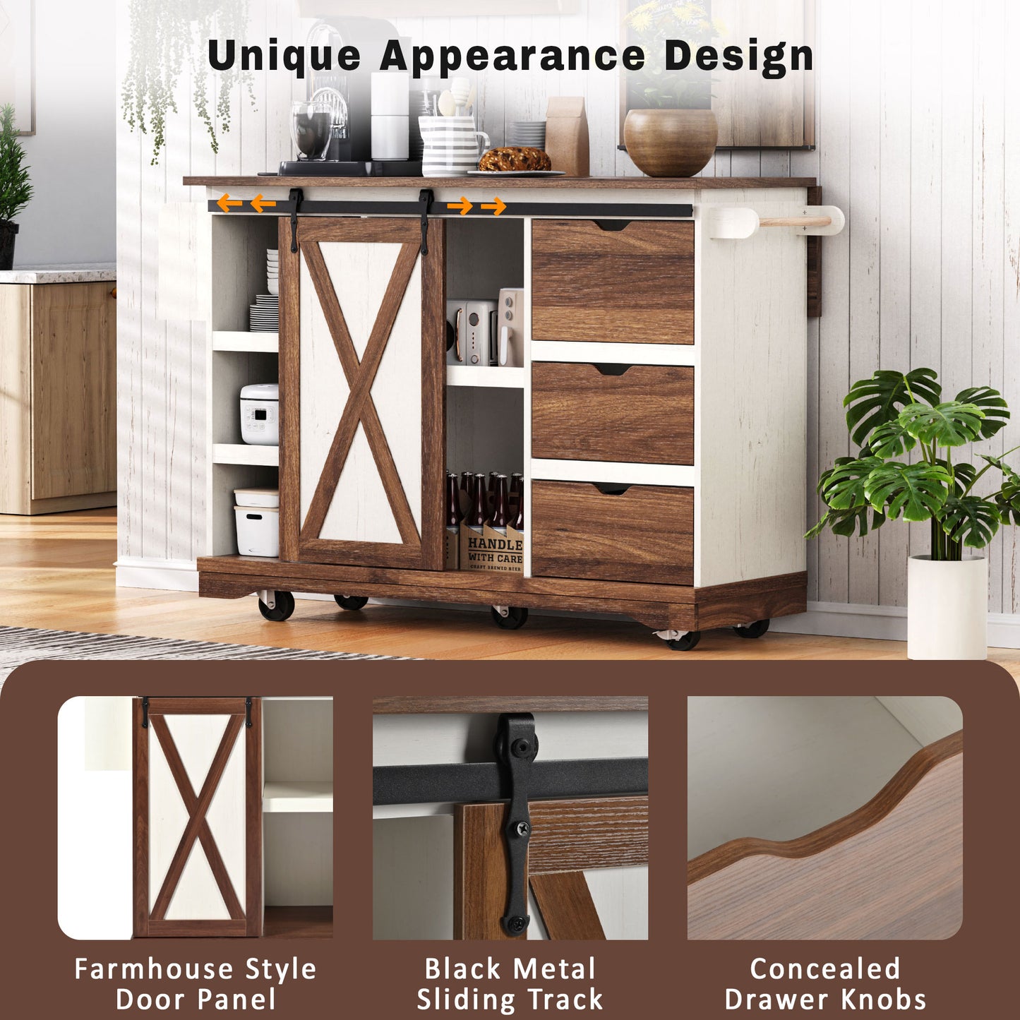 55.5" Farmhouse Kitchen Island with Drop Leaf, Sliding Barn Door, Power Outlet and Spice Rack, Rolling Kitchen Cart, White