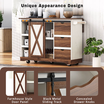 55.5" Farmhouse Kitchen Island with Drop Leaf, Sliding Barn Door, Power Outlet and Spice Rack, Rolling Kitchen Cart, White