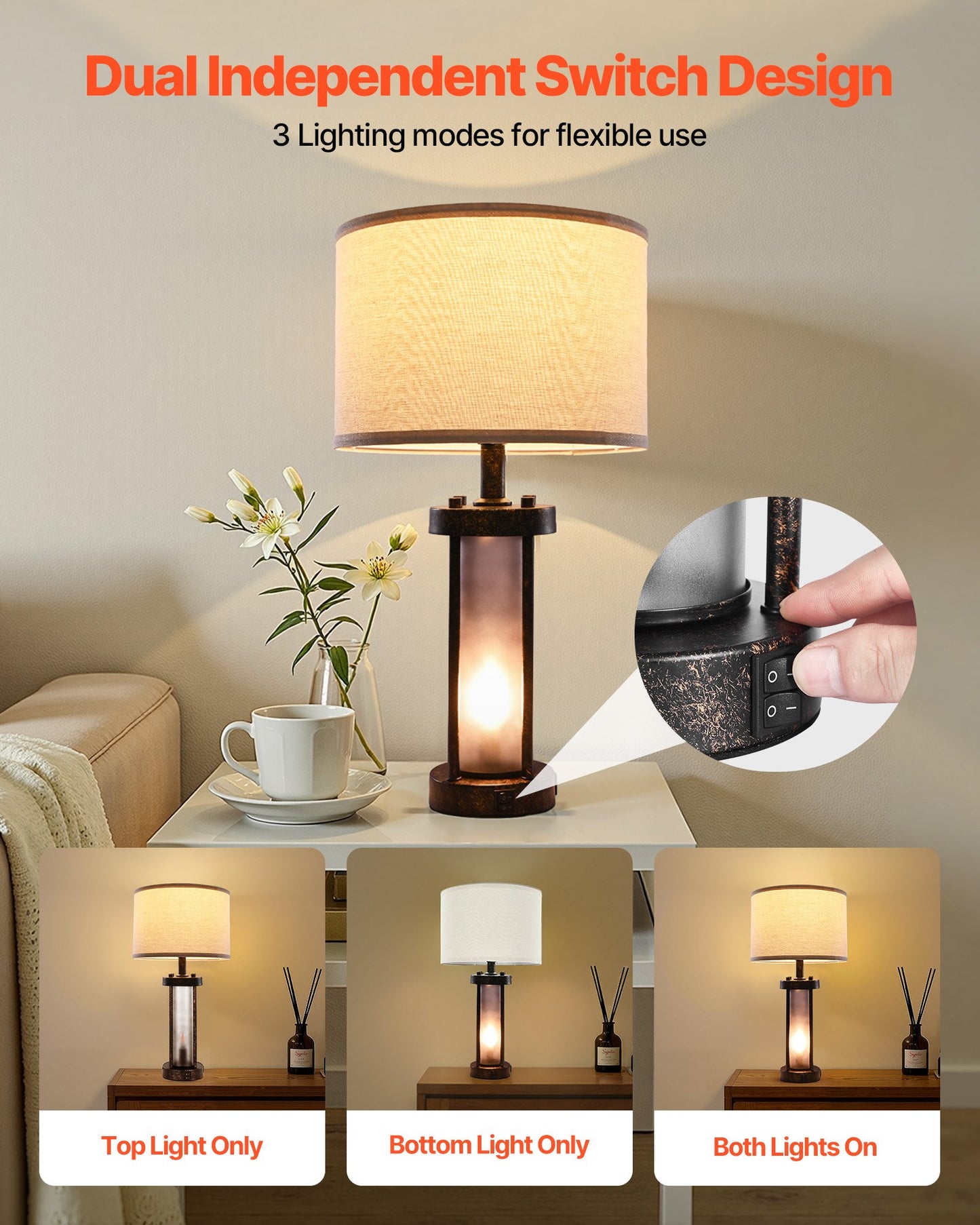 Farmhouse Bedside Table Lamps Set of 2 with USB Ports - Nightstand Desk Lamps for Bedroom