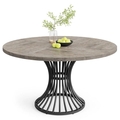 Round Dining Table for 4-6, 46.85" Industrial Kitchen Table with Wood Grain Top and Metal Base, Grey