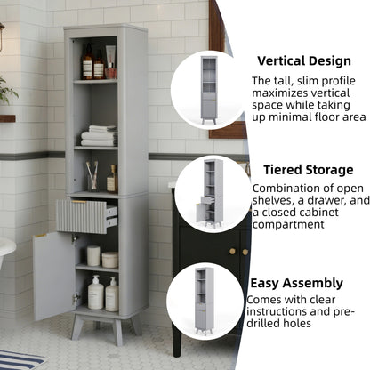 68  H Tall Bathroom Storage Cabinet With  Adjustable Shelves And One Drawer & Door, Storage Cabinet For Bathroom, Living Room, Entryway & Kitchen, Gray