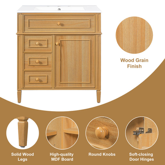 30" Bathroom Vanity with Sink - Wood Cabinet, Soft-Close Drawers & Door