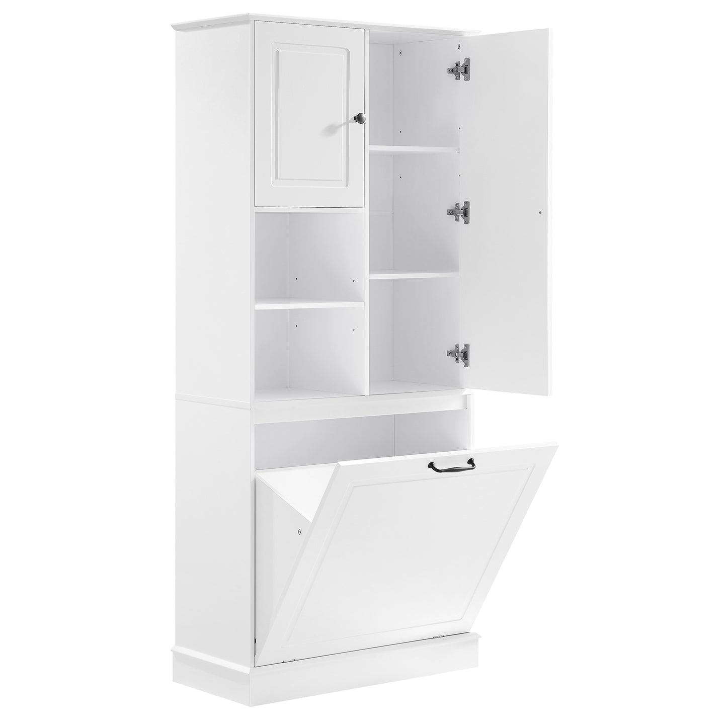 Tall Storage Cabinet With Adjustable Shelves, Large Flip-Out Basket & Enclosed Cabinets  Perfect For Bathroom, Living Room, Or Office, MDF Material With Aluminum Alloy Handles