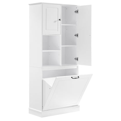 Tall Storage Cabinet With Adjustable Shelves, Large Flip-Out Basket & Enclosed Cabinets  Perfect For Bathroom, Living Room, Or Office, MDF Material With Aluminum Alloy Handles