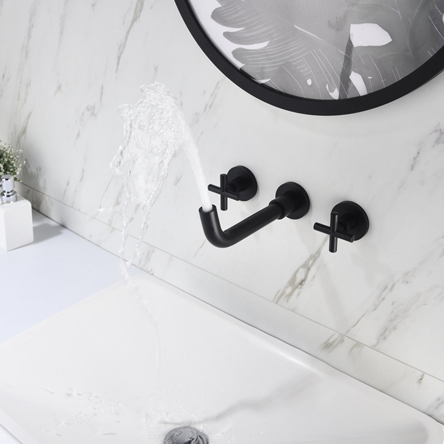 Wall Mount Bathroom Sink Faucet Dual Cross Handles with 360° Swivel Spout - Solid Brass, 8" Center, Matte Black