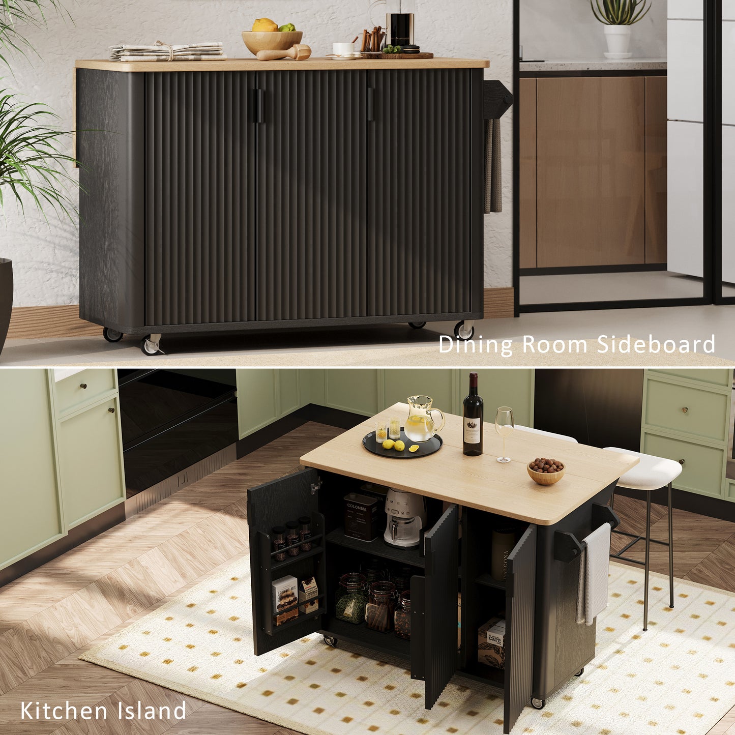 51" Fluted Kitchen Island with Drop Leaf, Rolling Kitchen Cart with Internal Storage Rack and Towel Rack, Black
