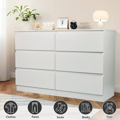 6-Drawer White Dresser with Concealed Handles & Spacious Countertop - Modern Bedroom Storage Cabinet