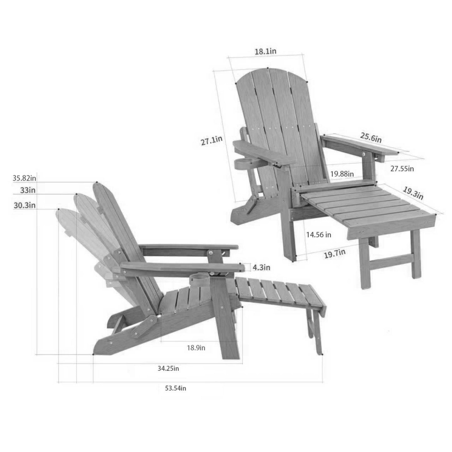 Outdoor Lounge Chairs Set of 2 - Foldable Reclining Patio Chairs with Ottoman & Cup Holder
