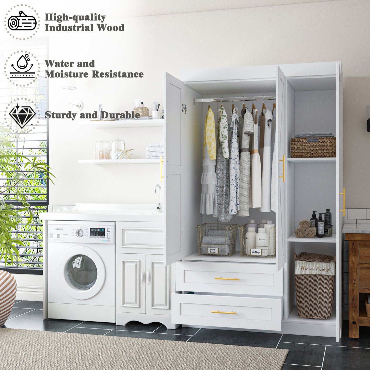 Shaker Style Classic Three-Door Wardrobe, Wood Bedroom Armoire With Hanging Rod And Shelves, Spacious Storage Closet, Modern Farmhouse Design, White