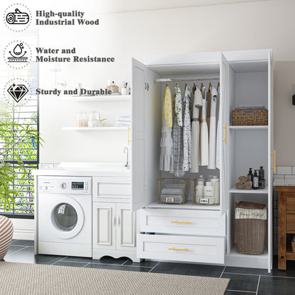 Shaker Style Classic Three-Door Wardrobe, Wood Bedroom Armoire With Hanging Rod And Shelves, Spacious Storage Closet, Modern Farmhouse Design, White