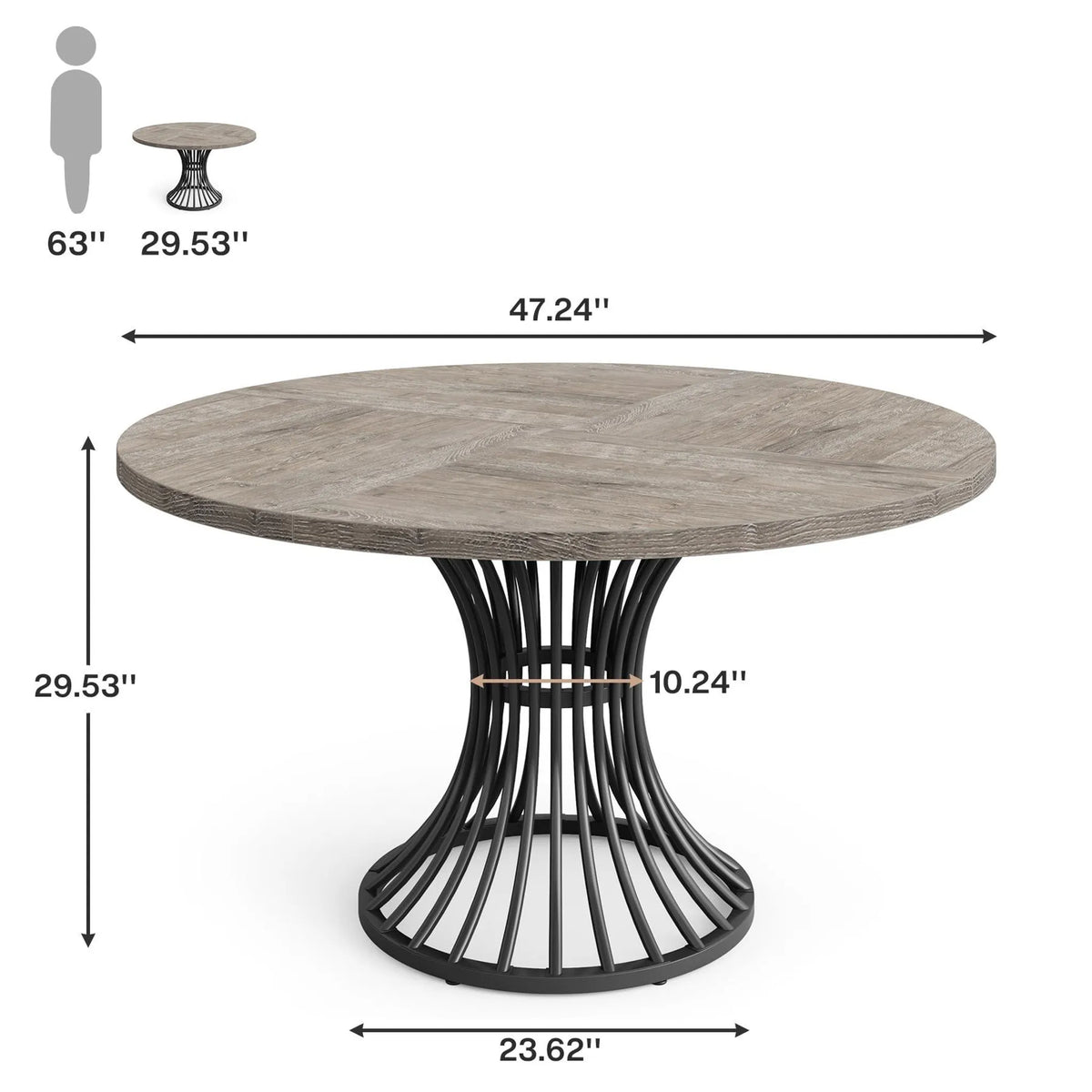 Round Dining Table for 4-6, 46.85" Industrial Kitchen Table with Wood Grain Top and Metal Base, Grey