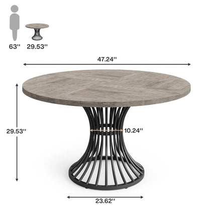 Round Dining Table for 4-6, 46.85" Industrial Kitchen Table with Wood Grain Top and Metal Base, Grey