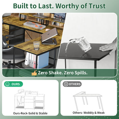 114" L-Shaped Gaming Desk with Power Hub, 6 Drawers & Removable Monitor Stand - Industrial Home Office Desk, Rustic Brown