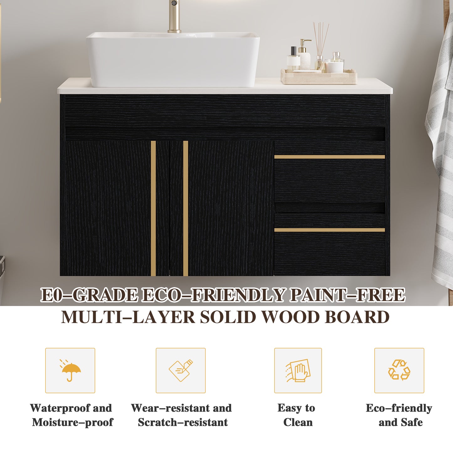 36  Wall-Mounted Bathroom Vanity With Vessel Ceramic Sink & Plywood Countertop -Soft-Close Door & Drawers, Floating Design
