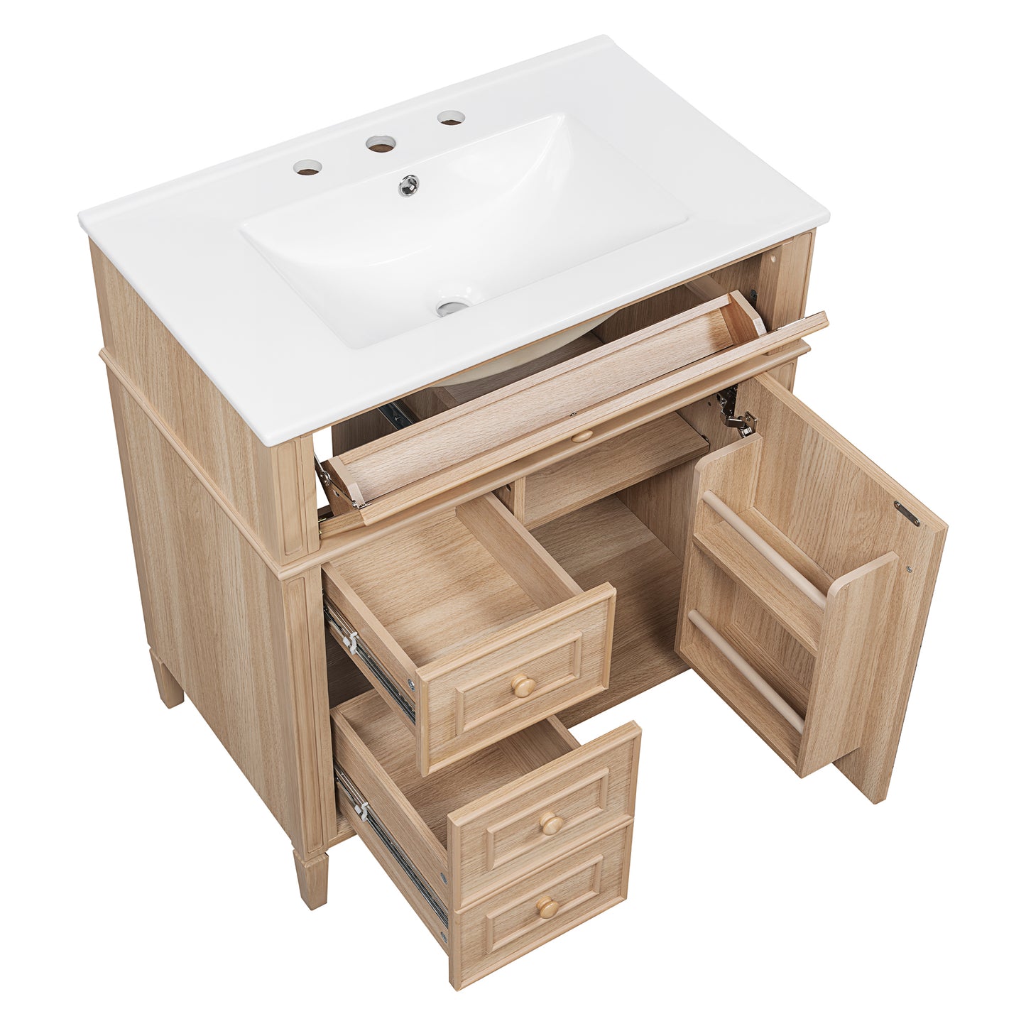 30" Bathroom Vanity with Sink - Light Oak, Solid Wood & MDF, Soft-Close Drawers & Door