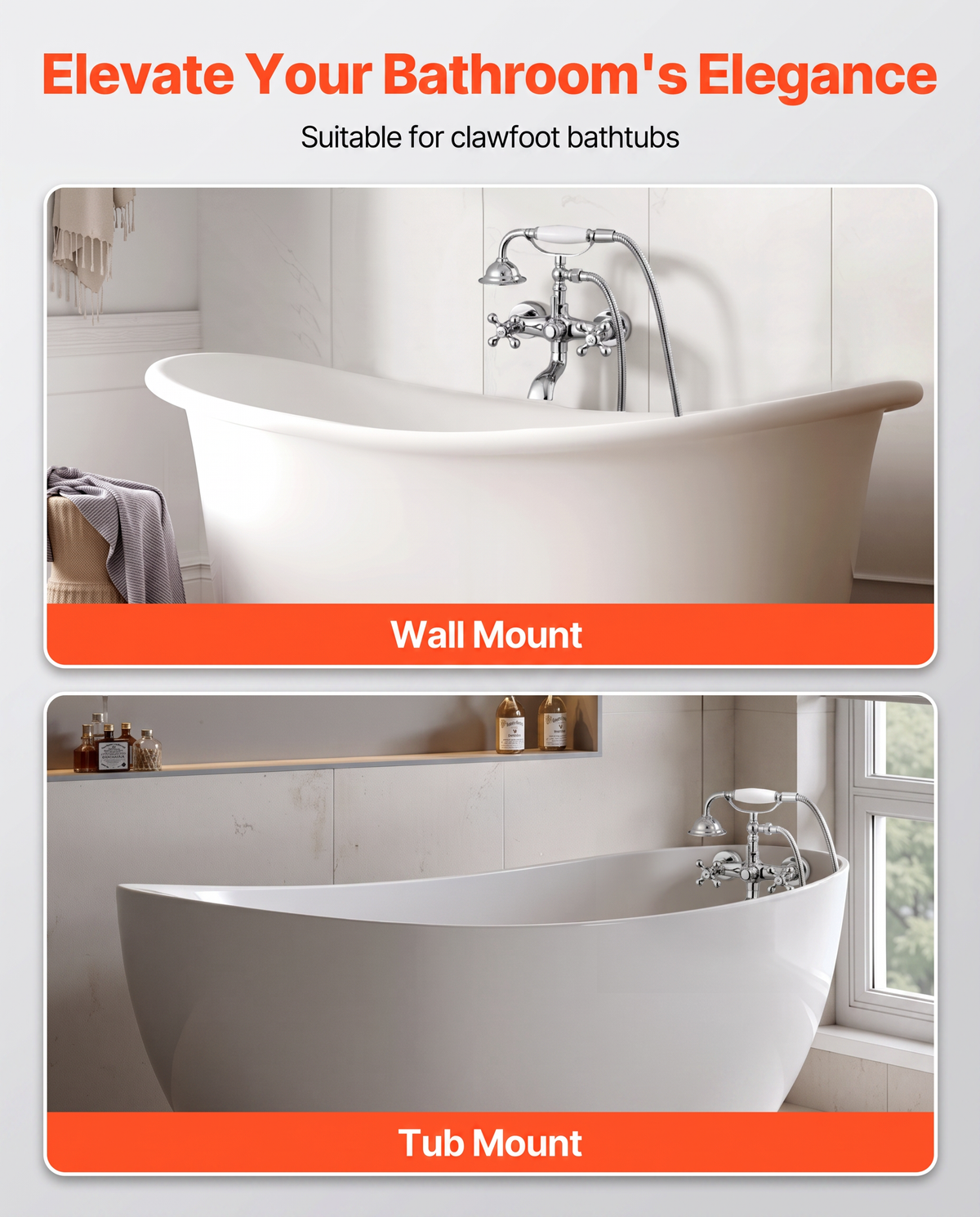 Wall Mount Clawfoot Tub Faucet with Handheld Shower - Bathtub Filler with Swing Arms & 360° Spout, Chrome