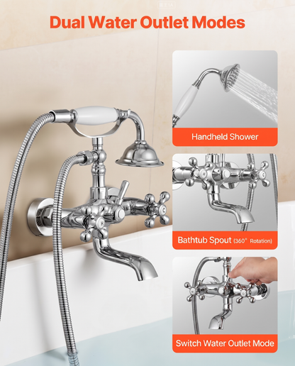 Wall Mount Clawfoot Tub Faucet with Handheld Shower - Bathtub Filler with Swing Arms & 360° Spout, Chrome
