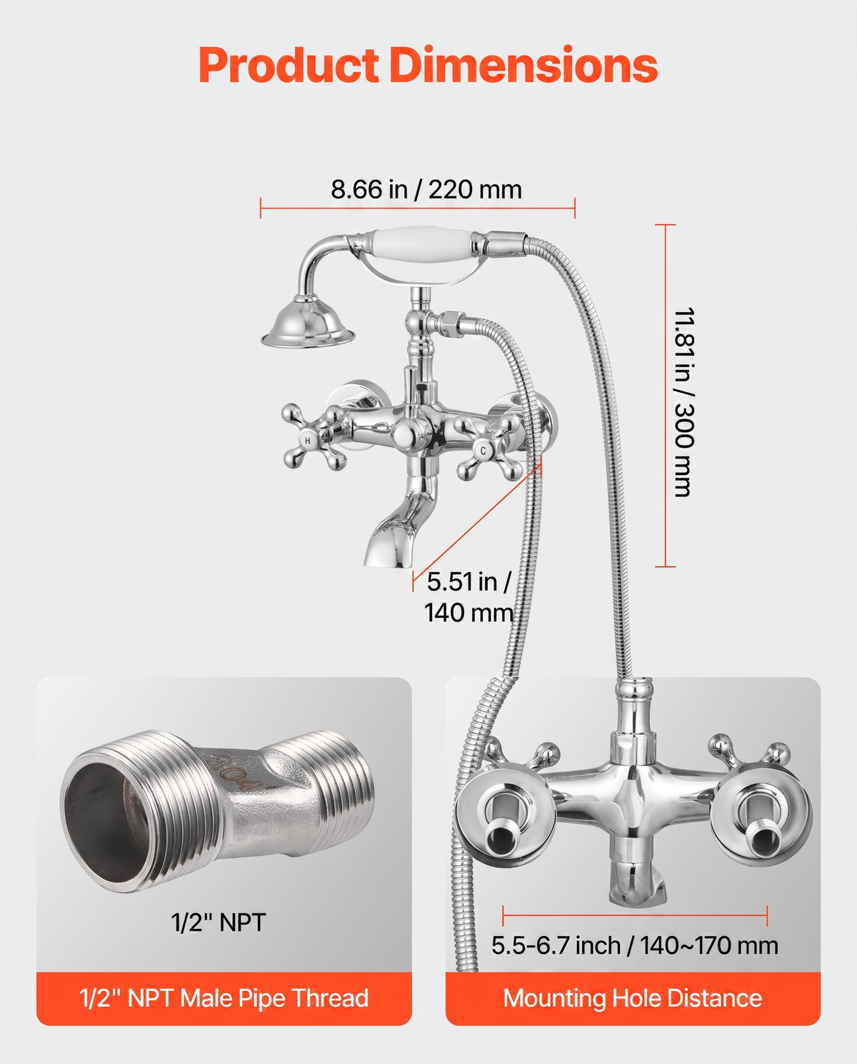Wall Mount Clawfoot Tub Faucet with Handheld Shower - Bathtub Filler with Swing Arms & 360° Spout, Chrome