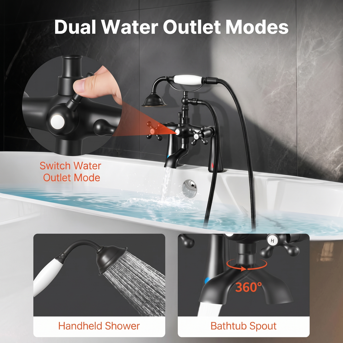 Deck Mount Clawfoot Tub Faucet with Handheld Shower - Bathtub Filler with 360° Spout & 59" Hose, Oiled Bronze