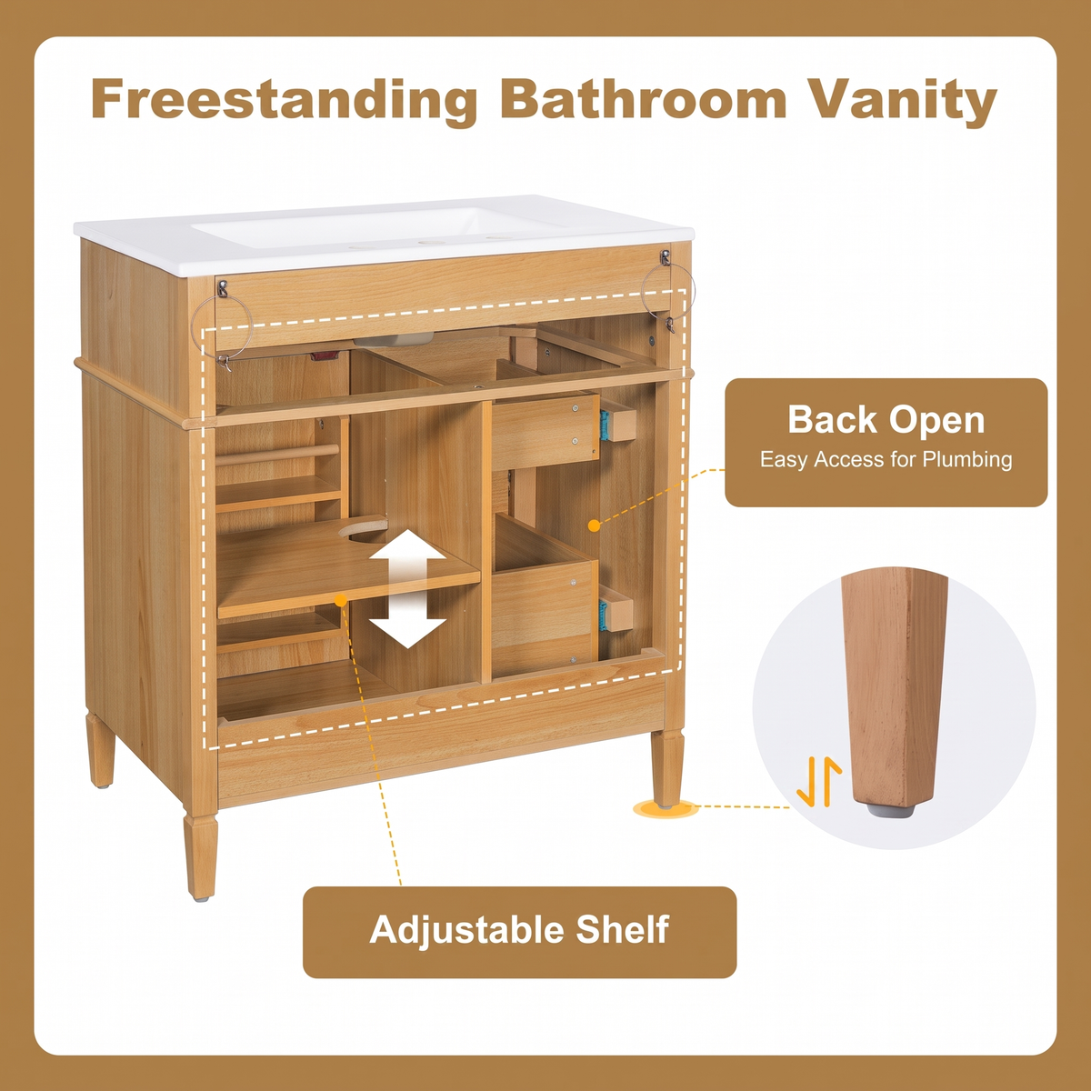 30" Bathroom Vanity with Sink - Wood Cabinet, Soft-Close Drawers & Door