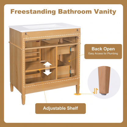 30" Bathroom Vanity with Sink - Wood Cabinet, Soft-Close Drawers & Door