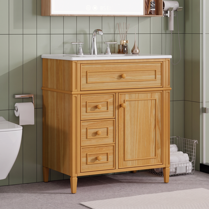 30" Bathroom Vanity with Sink - Wood Cabinet, Soft-Close Drawers & Door