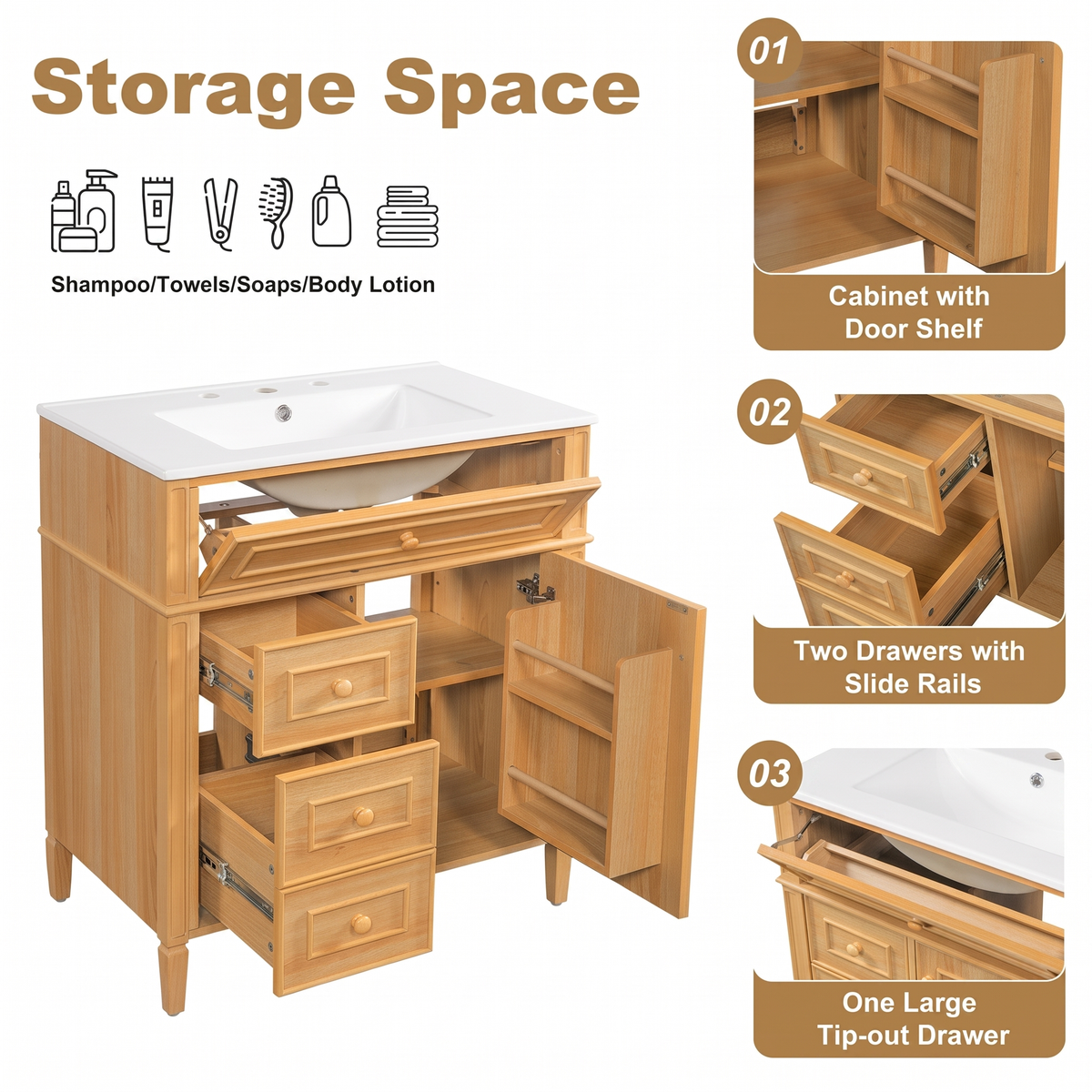 30" Bathroom Vanity with Sink - Wood Cabinet, Soft-Close Drawers & Door