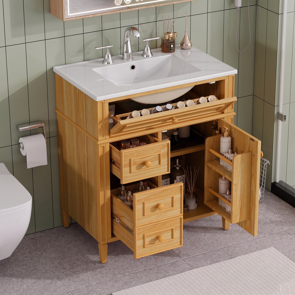 30" Bathroom Vanity with Sink - Wood Cabinet, Soft-Close Drawers & Door
