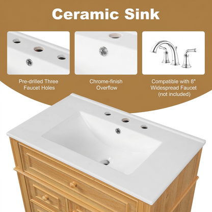30" Bathroom Vanity with Sink - Wood Cabinet, Soft-Close Drawers & Door